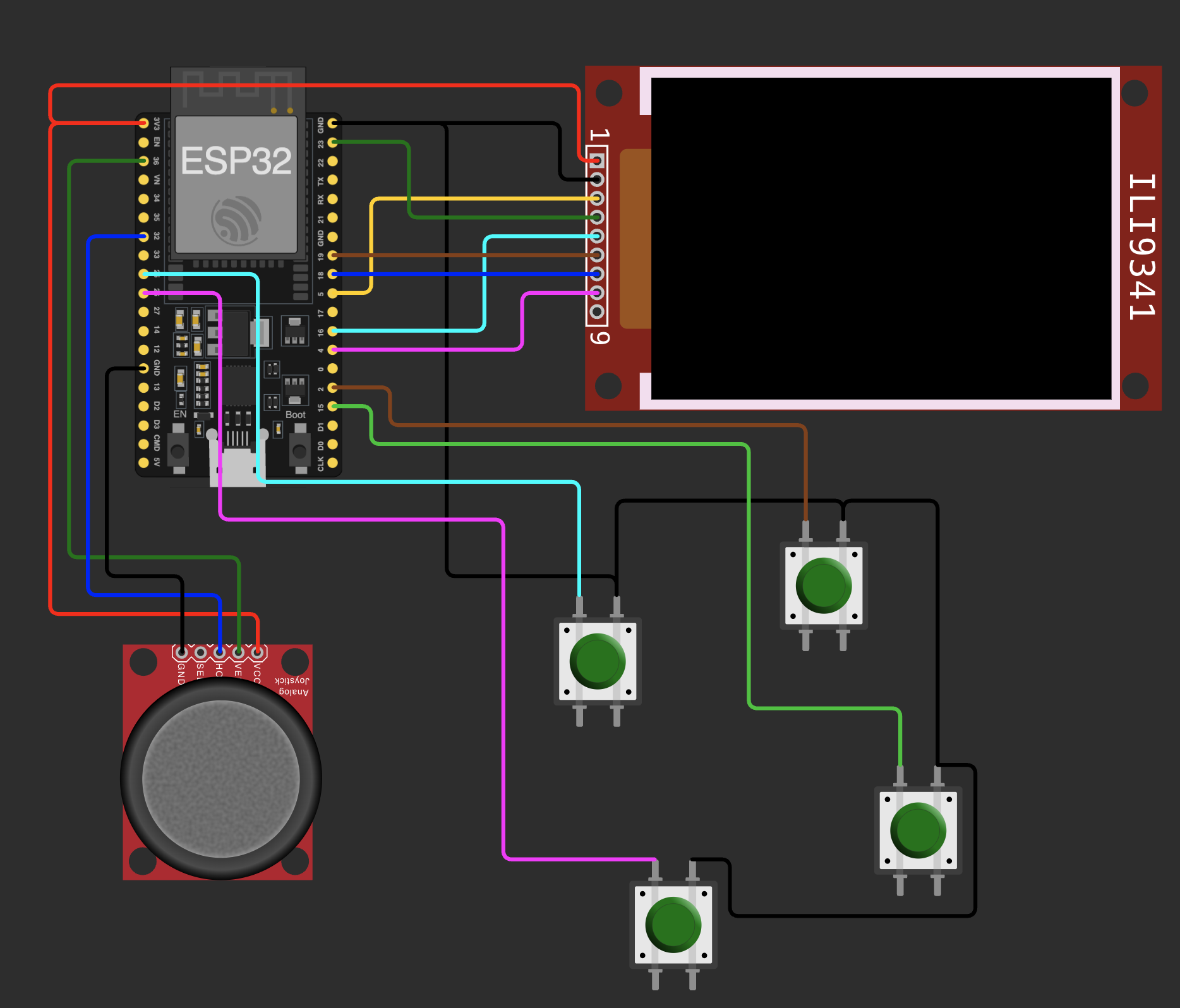 Wiring diagram of an ESP32 with an ST7789 display, joystick and four buttons